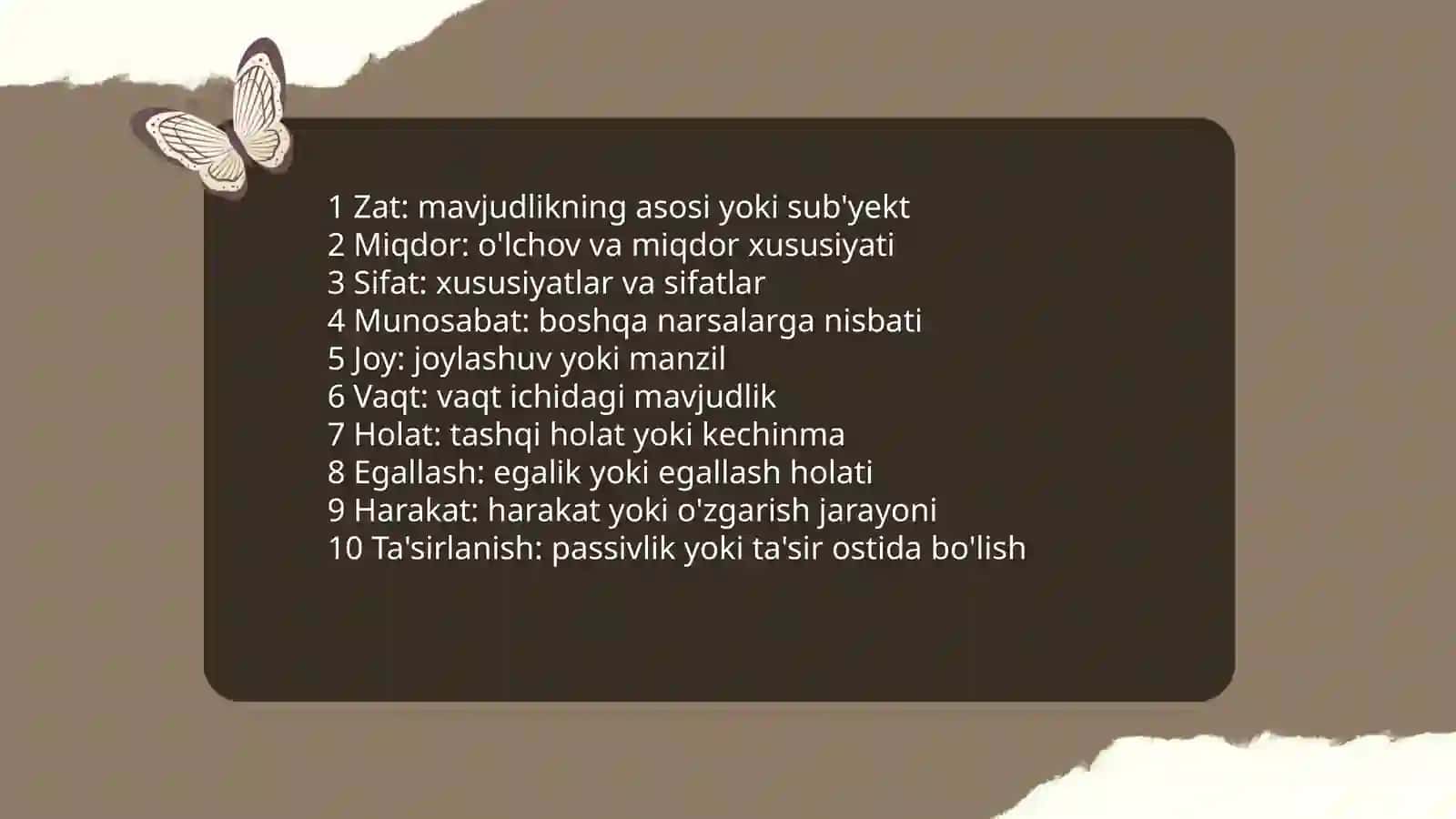 Aristotel, Forobiy va Kant ontologiyasida kategoriyalarning tasnifi 4
