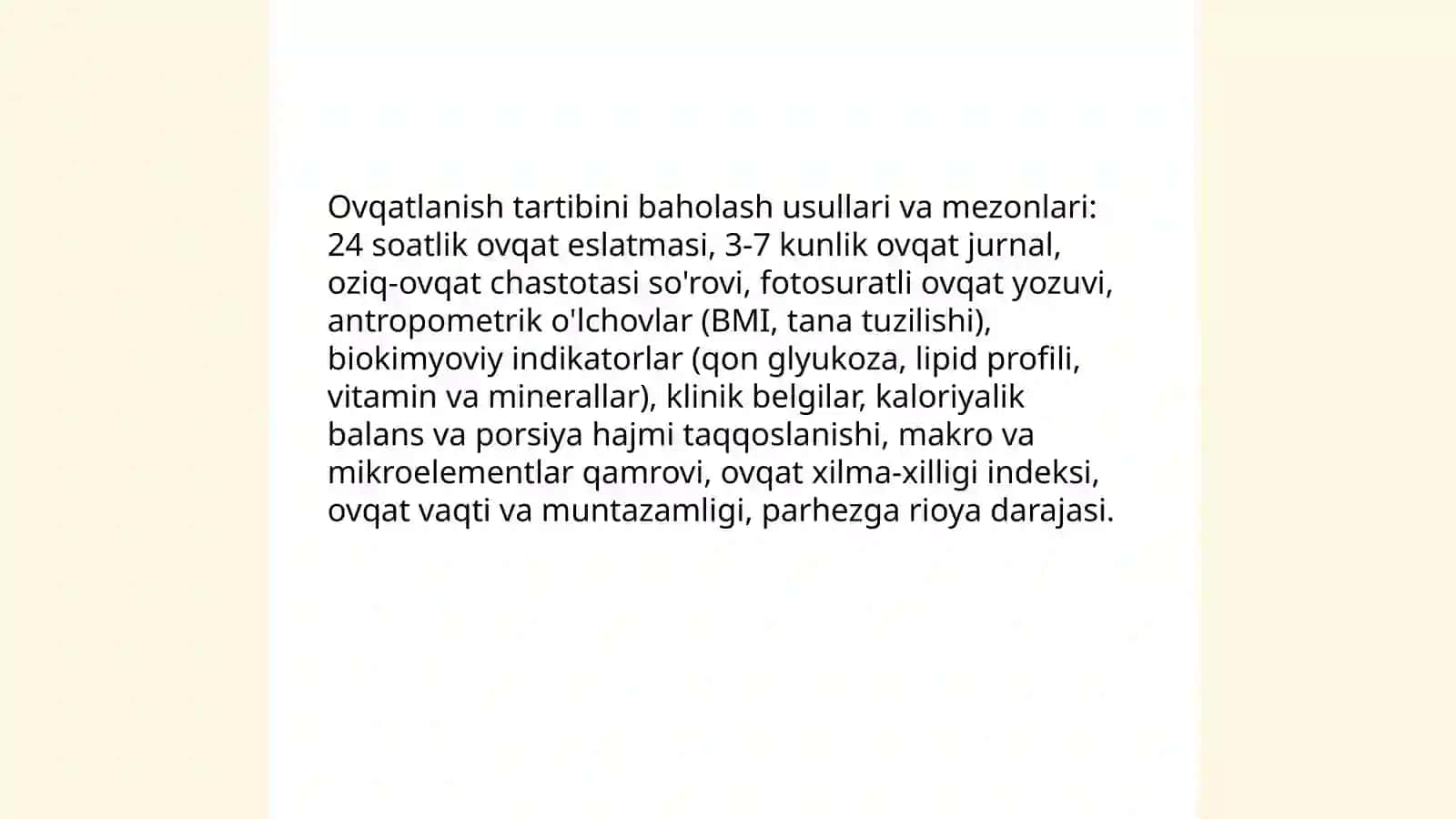 Oqilona ovqatlanish va uning tartibi haqida ularni tekshirish va baholash 4