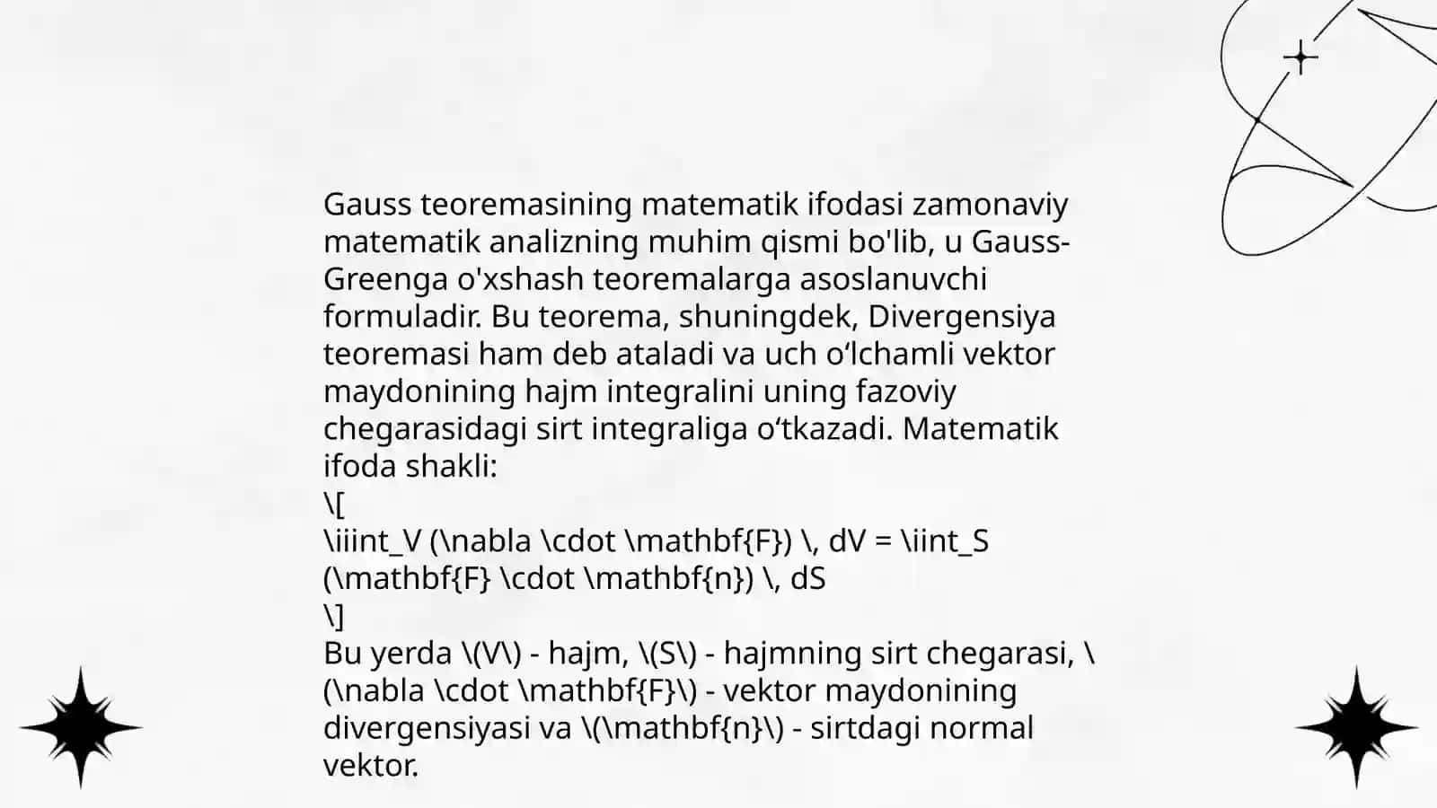 Gauss teoremasi. Ostrogradskiy. Gauss teoremasining integral va differensial koʻrinishi 4