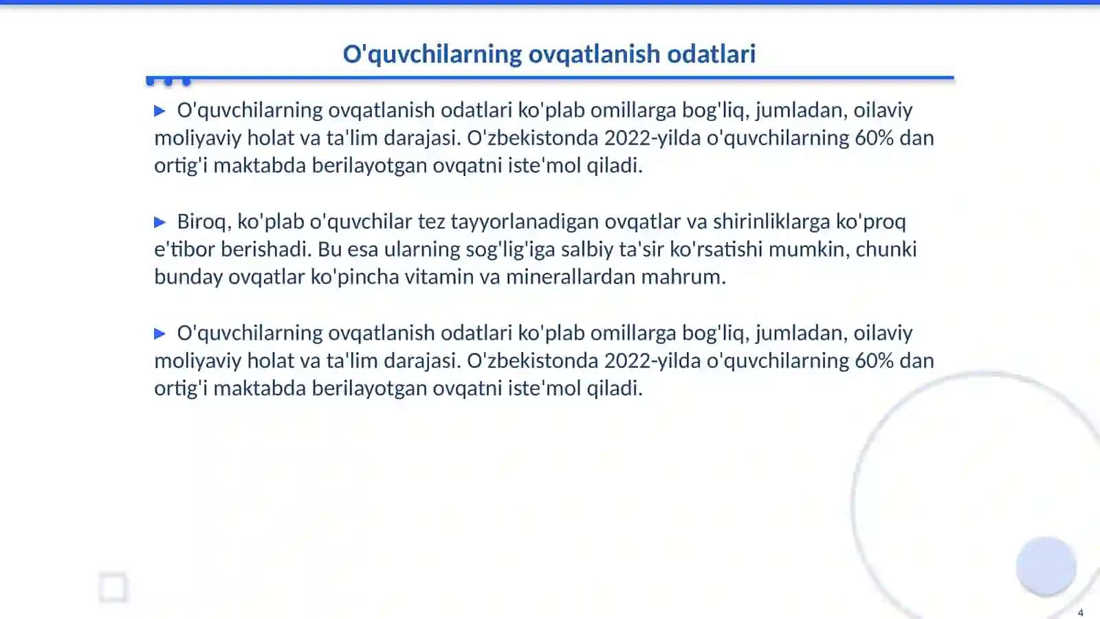 Maktab o'quvchilari ovqatlanishini tahlil qilish 4