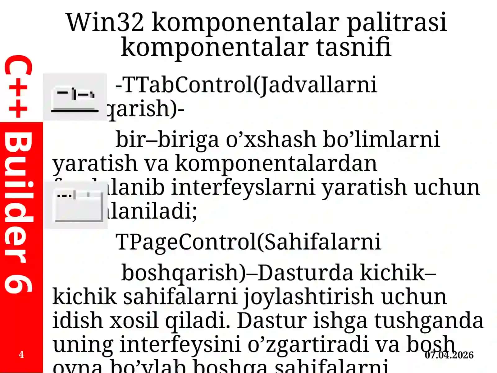C++ Builder vizual dasturlash muhitida komponentalar bilan ishlash texnologiyalari 4