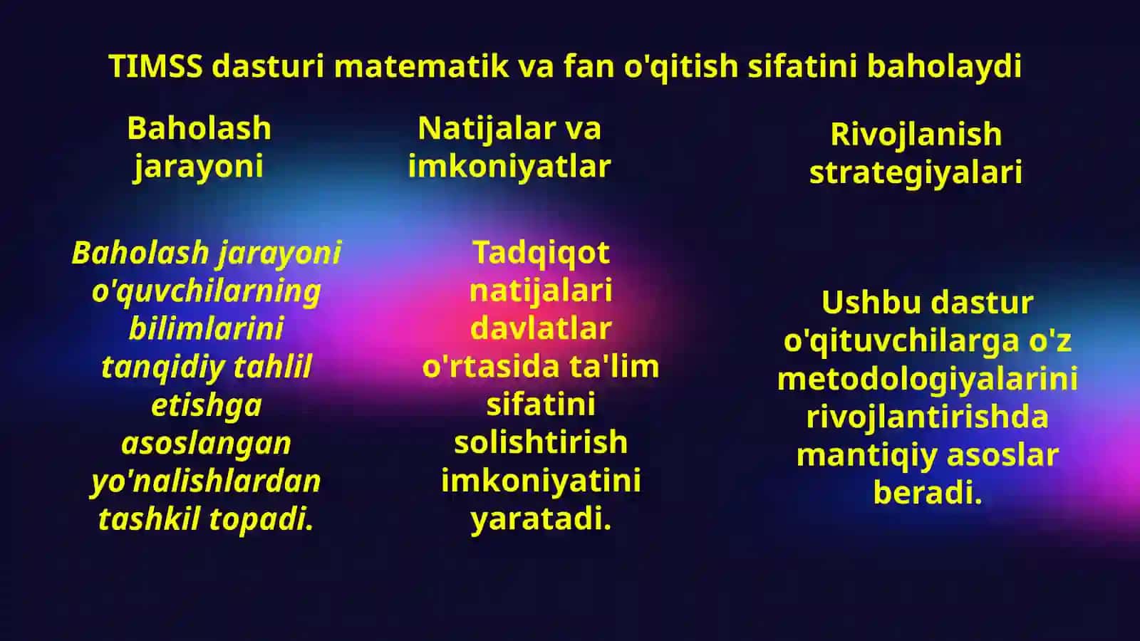 TIMSS, PIRLS, PISA, TALIS, EGMA va EGRA xalqaro baholash dasturlarining mazmun va mohiyati 4