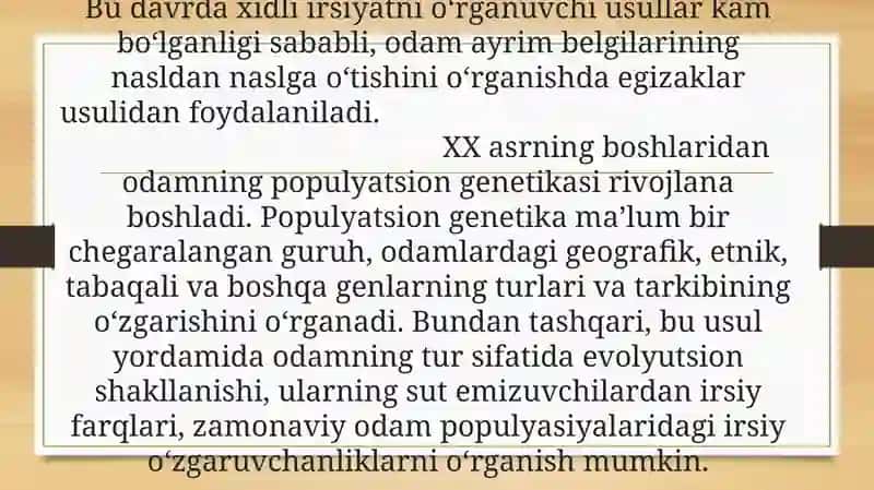Antropogenetika. Odam irsiyatini o’rganish usullari geneologika, egizakalr, populyatsion, sitogenetik, dermatoglifika, biokimyoviy. Prenatal diagnostika. 4