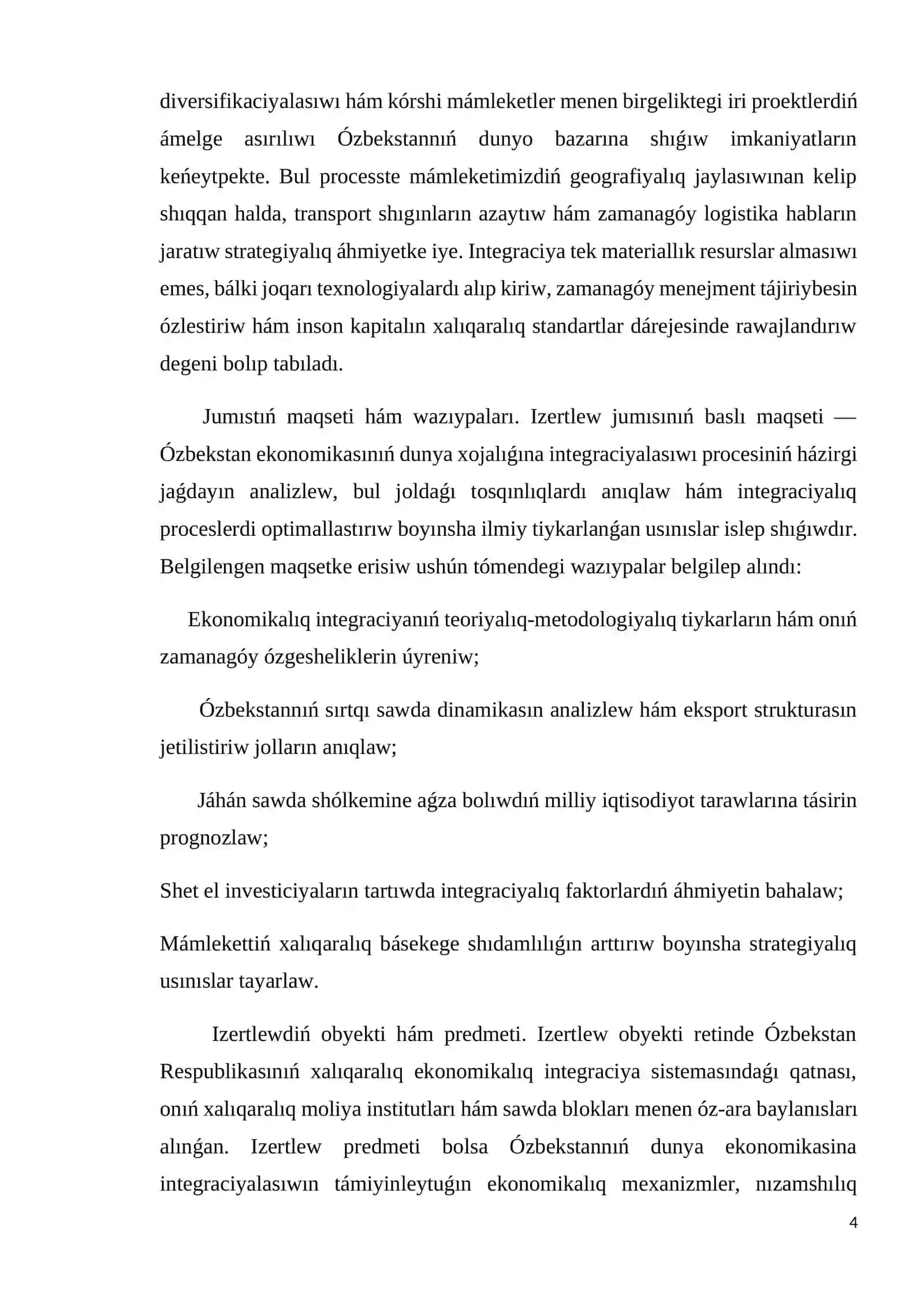 Ózbekstannıń dúnya ekonomikalıq sistemasına integraciyalanıwı: Jaǵdayı hám rawajlanıw perspektivaları 4