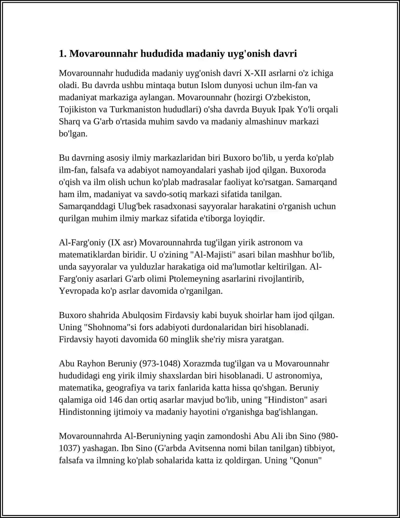 Mavzu: IX-XII ASRLARDA MAMLAKATIMIZ HUDUDIDA RO'Y BERGAN MADANIY UYGʻONISH (RENESSANS).BUYUK ALLOMALARNING JAHON SIVILIZATSIYASIGA QO'SHGAN HISSASI 4