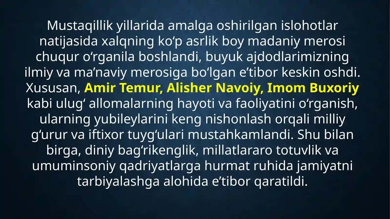 Mustaqillikyillarida o‘zbekistondagi ma’naviy va madaniy taraqqiyot 4