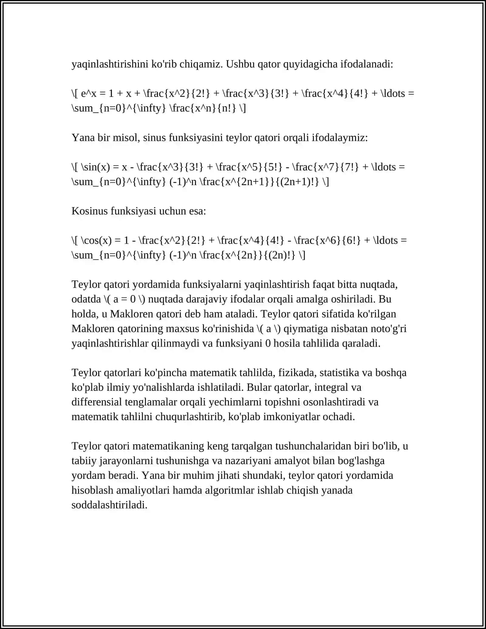 BA'ZI ELEMENTAR FUNKSIYALARNING TEYLOR FORMULALARI. TEYLOR VA MAKLOREN FORMULALARI 4