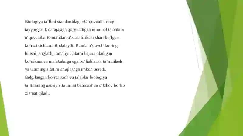 Biologiya bo’yicha davlat ta’lim standartlari, o’quv dasturlari, darsliklar va o’quv qo’llanmalarini tayyorlash va tahlil qilish 4