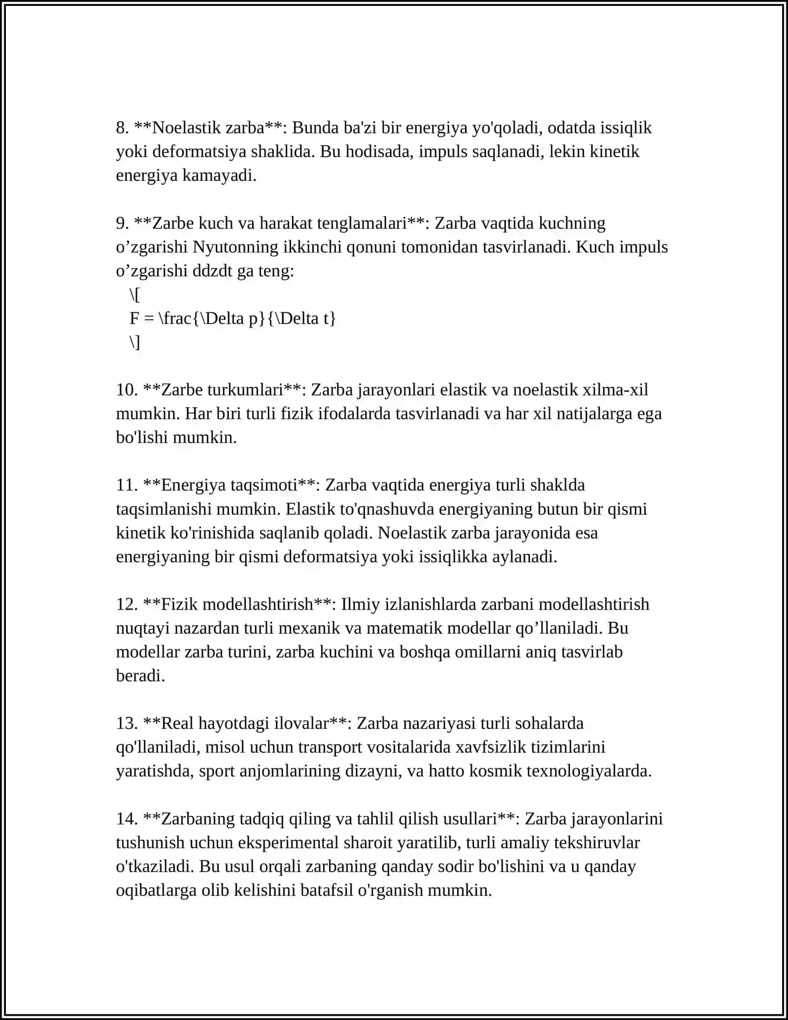 ZARBA NAZARIYASI. ZARBALI KUCHNING MODDIY NUQTAGA TA’SIRI. IKKI JISMNING MARKAZIY TO‘G‘RI ZARBASI 4