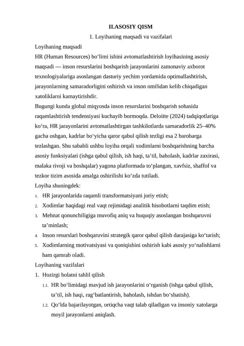 HR bo'limi ishini avtomatlashtirish uchun dasturiy yechim taklifi tayorlash va muommolarni aniqlash hamda loyha shaklida yechim ishlab chiqish 4