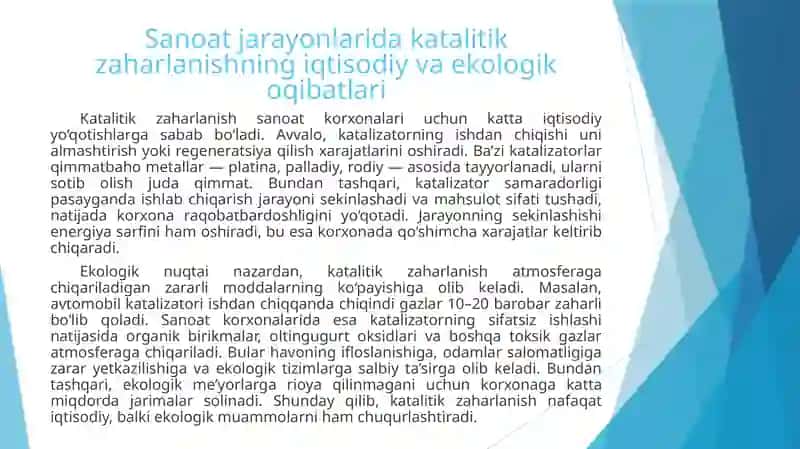 Katalitik zaharlanishning salbiy oqibatlari va undan chiqadigan muammolar 4