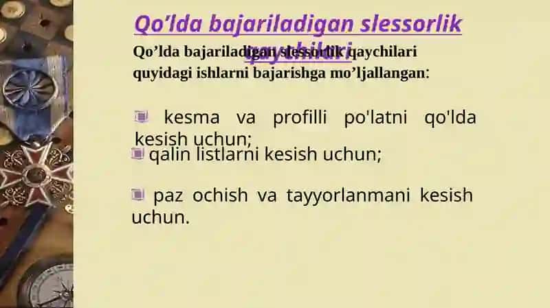 Metallarni kesish, qirqish, toʼgʼrilash va egish. Metallni kesish asboblari va usullari 4