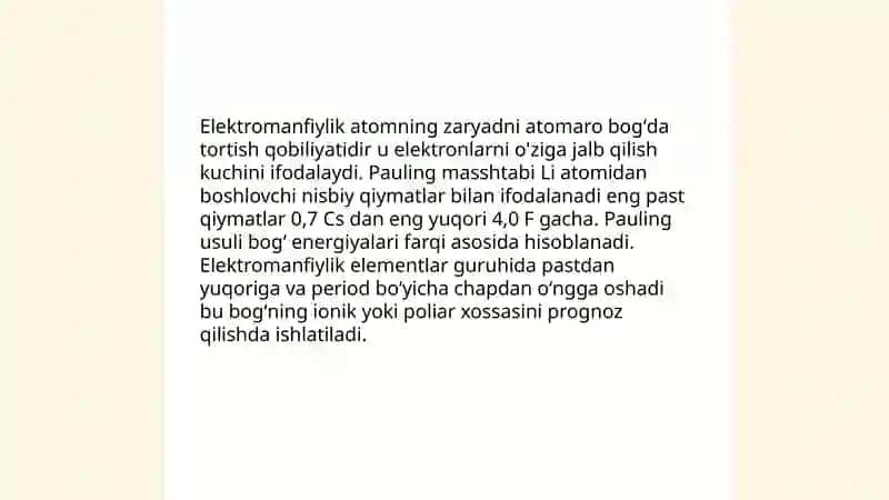 Valentlik. Elektromanfiylik. Kimyoviy bogʻlanish 4