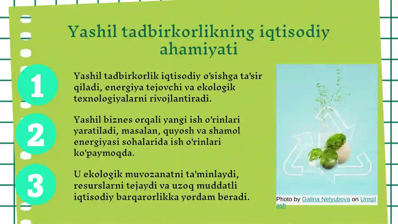 Yashil tadbirkorlik asosida barqaror iqtisodiy o'sishga erishish yo'llari 4