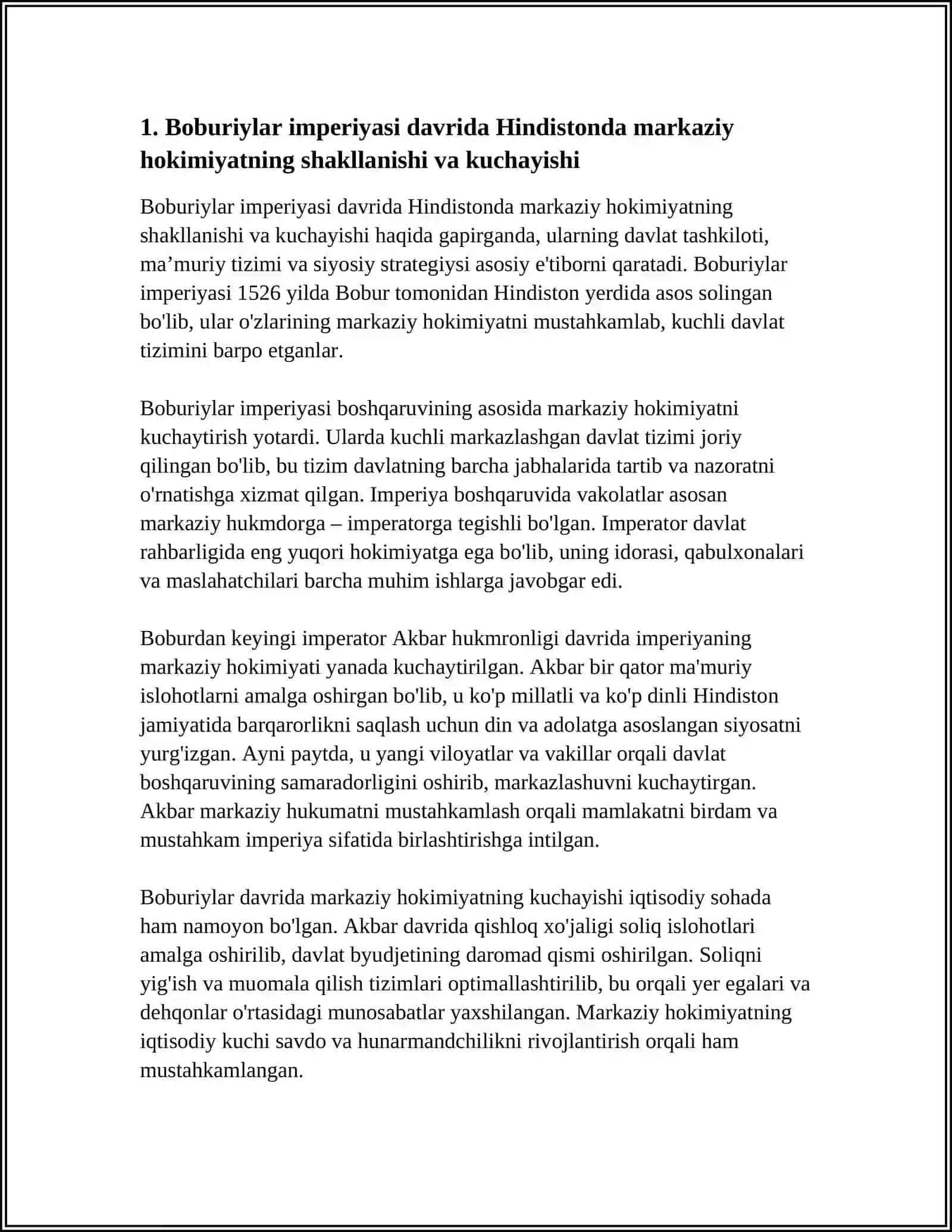 SO'NGI O'RTA ASRLAR DAVLATLARI TARAQQIYOTI VA TANAZZULI SABABLARI MAVZUSIDA HINDISTONDA BOBURIYLAR IMPERIYASI DAVRIDA YORITILISHI KERAK 4