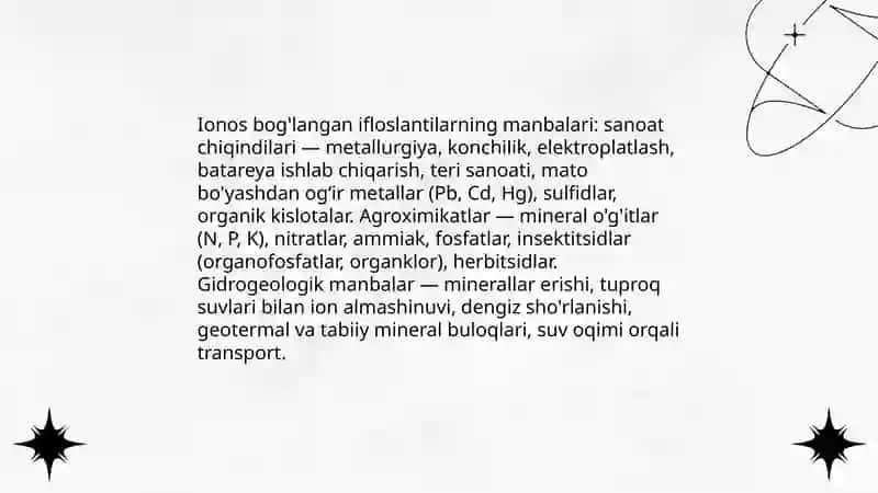 Tuproq va suvning ifloslanishi ion boglanishi birikmalari aniqlab ulardan tozalash usulini ishlab chiqarish 4