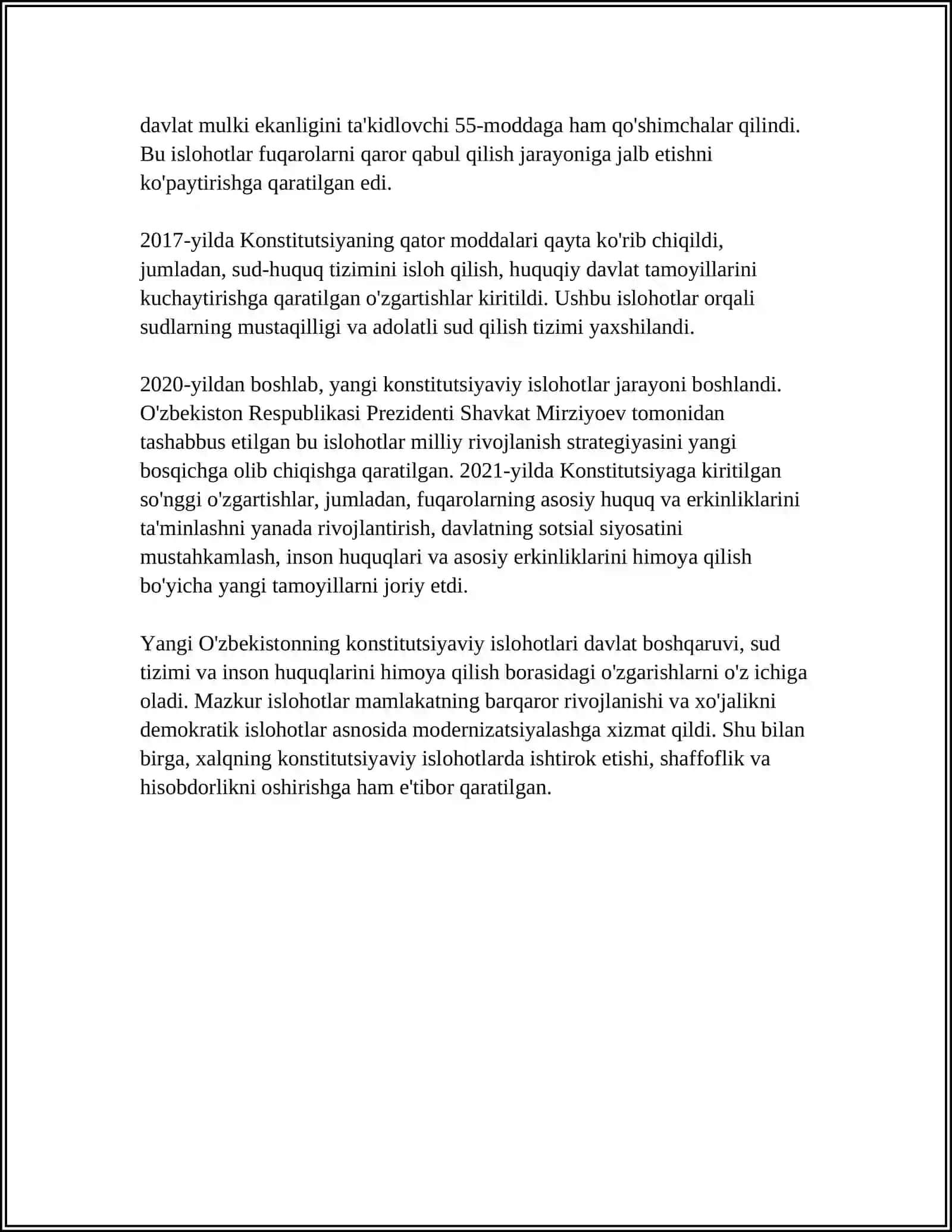 YANGI O'ZBEKISTONDA INSON HAQ-HUQUQLARI VA ERKINLIKLARI KAFOLATINING YARATILISHI 4