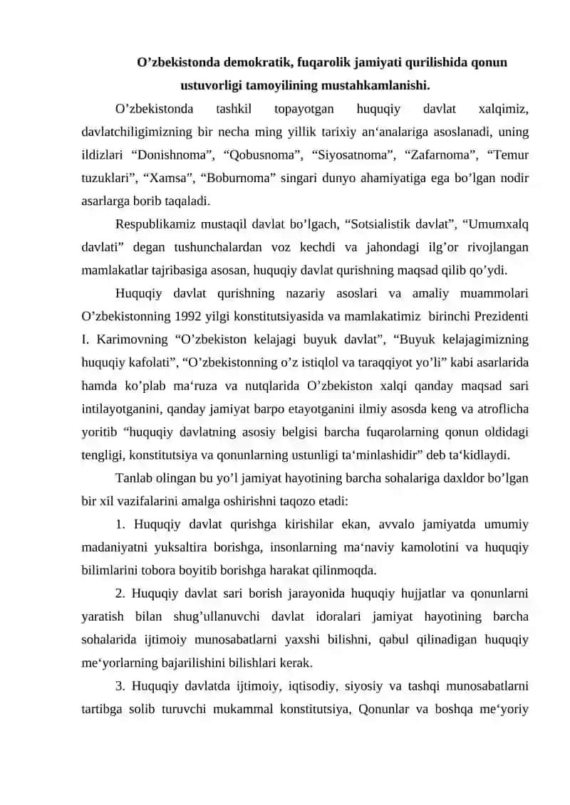 Fuqarolik jamiyati qurishda qonun ustuvorligi tamoyilining mustahkamlanishi. 4
