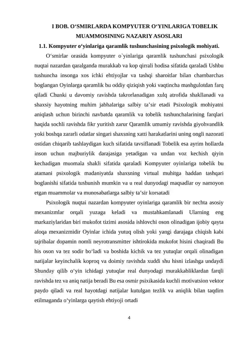OʻSMIRLARDA KOMPYUTER OʻYINLARIGA BOʻLGAN TOBELIKNING PSIXOLOGIK OMILLARI 4