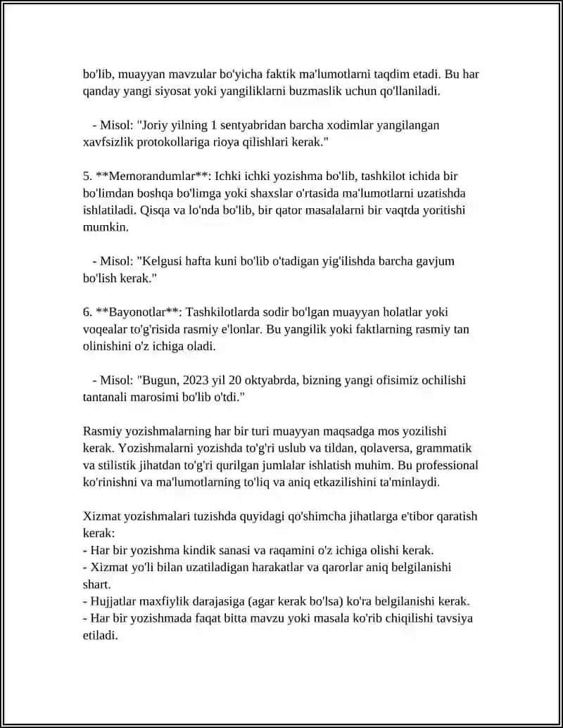 XIZMAT YOZISHMALARI NAMUNALARI BILAN ISHLASH 4