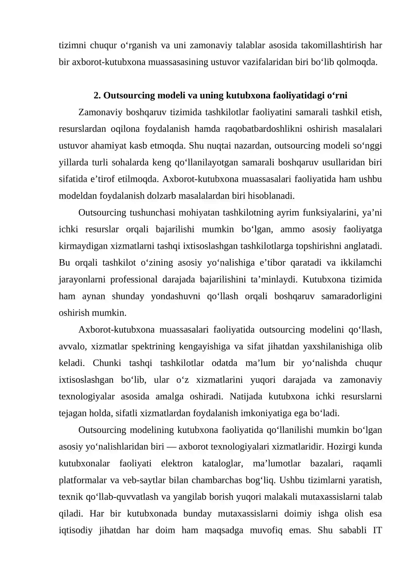 Outsourcing modeli asosida axborot-kutubxona muassasalarida alternativ moliyalashtirish rejasini ishlab chiqish 4