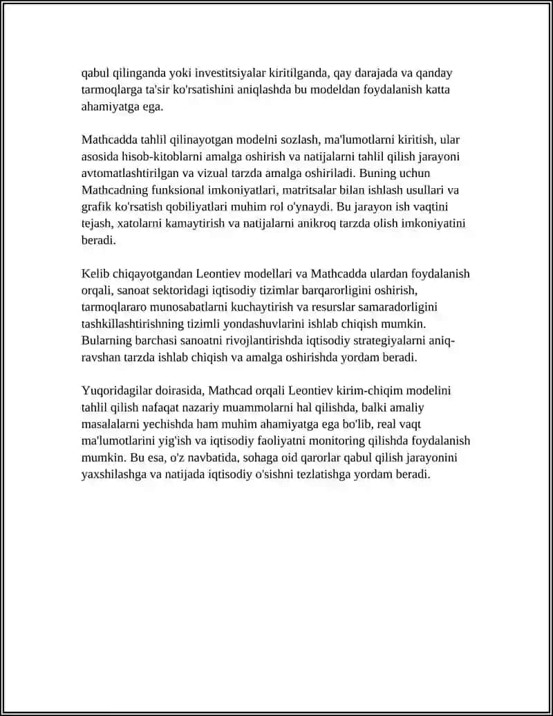 SOHADAGI IQTISODIY TIZIMNI IFODALOVCHI AMALIY MASALALARINI YECHISH( SOHA BOʻYICHA MATHCAD SISTEMALARIDA ISHLASH) 4