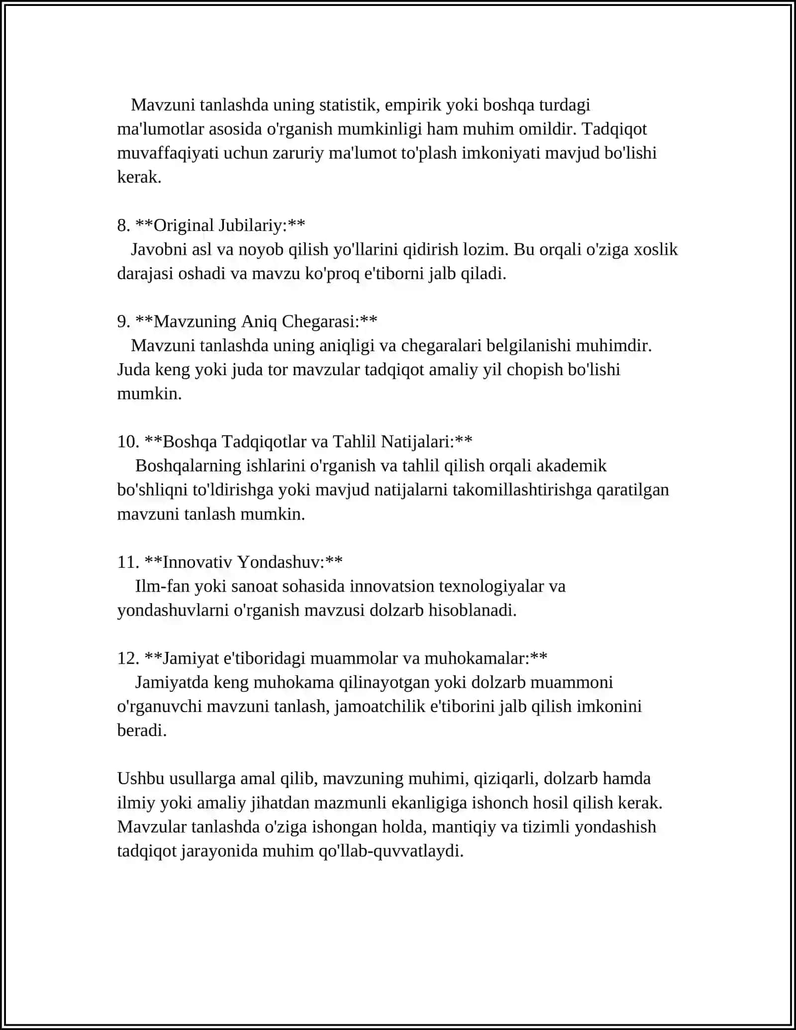 MAVZUNI TANLASH, MAVZUNI QO'YILADIGAN TALABLARGA MOSLIGINI TEKSHIRISHGA OID QO'SHIMCHA MA'LUMOTLAR YIG'ING 4