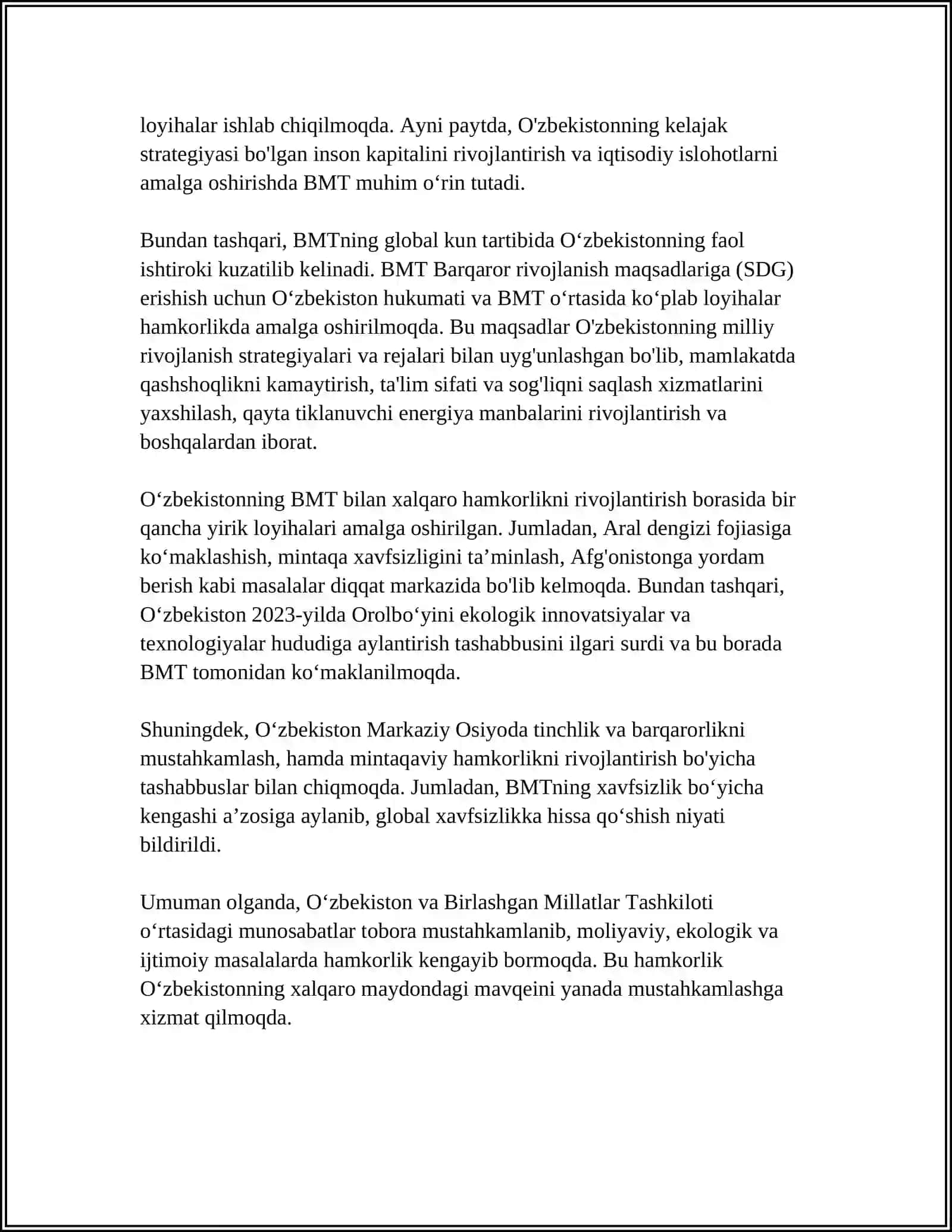 O'ZBEKISTONNING XALQARO TASHKILOTLAR BILAN HAMKORLIK ALOQALARI 4