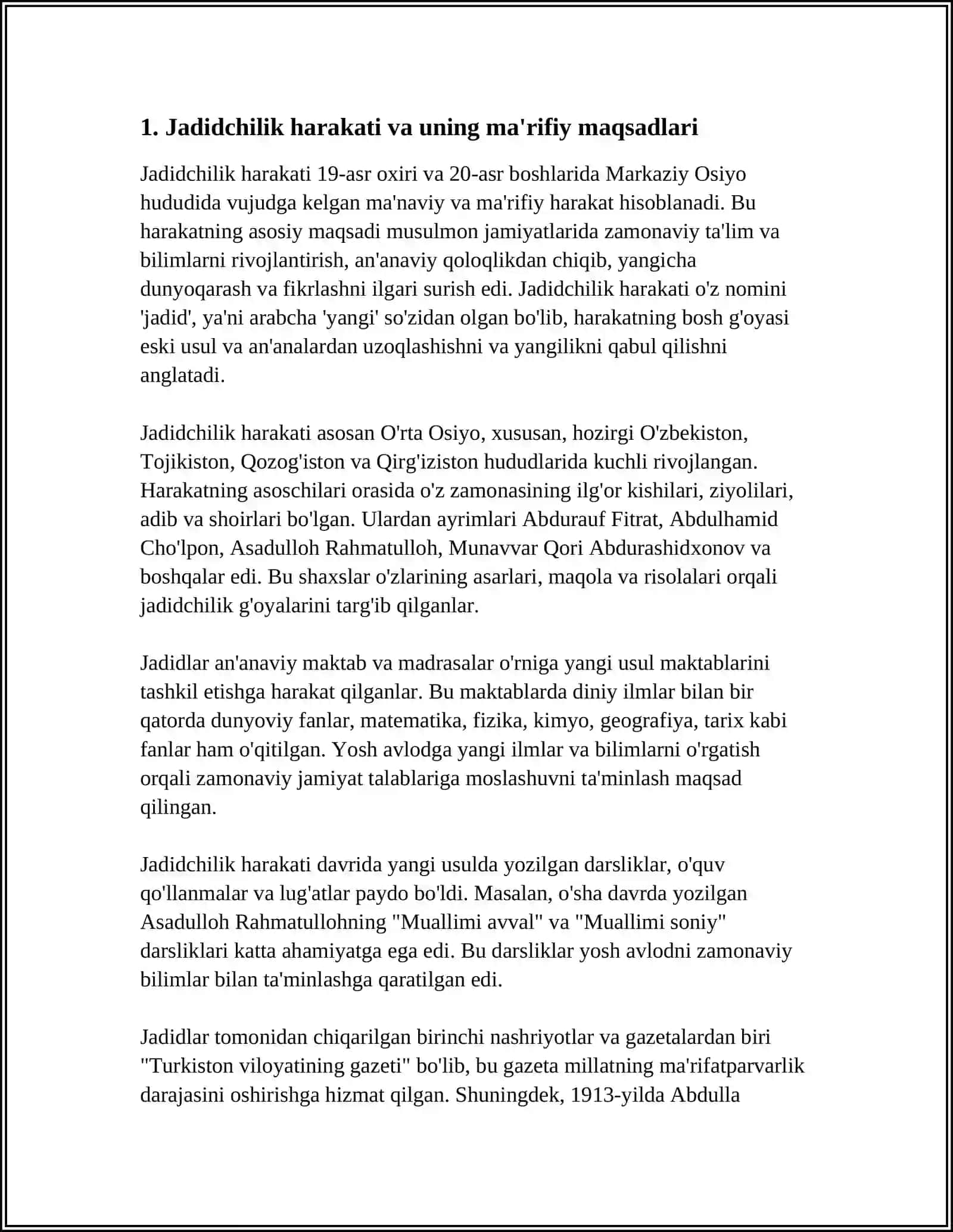 Jadid Ma'rifatparvarlarining O'lka Ijtimoiy-Manaviy Hayotida Tutgan O'rni (Munavvar Qori, Fitrati, Behbudi, Avloniy va Boshqalar...) 4