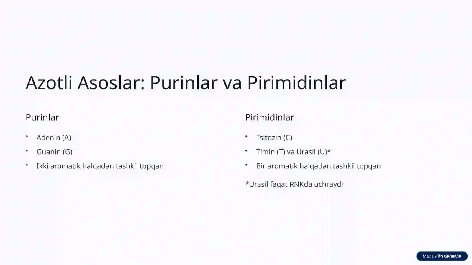 Nukleozidlar va Nukleotidlar: Tuzilishi, Molekulyar Tarkibi va Biokimyoviy Xossalari 4