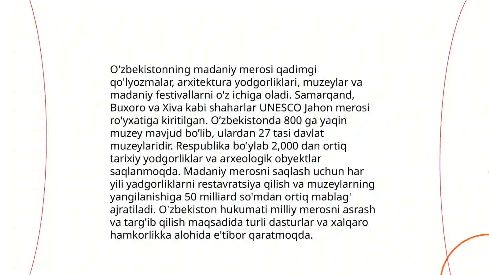 O'zbek tilining rivojlanishi va globalizatsiya. O'zbekistonning madaniy me'roslari va ularning saqlanishi. Ekoturizm va O'zbekistonning tabiiy go'zalliklari 4