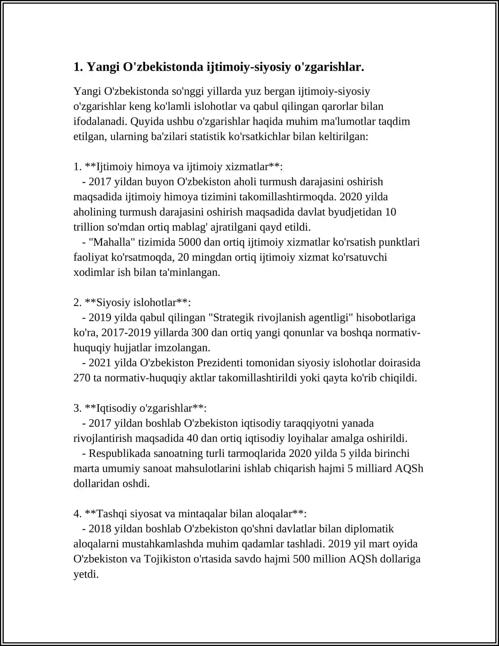 YANGI O'ZBEKISTONDA IJTIMOIY-SIYOSIY, IQTISODIY VA MADANIY HAYOTIDA RO'Y BERAYOTGAN O'ZGARISHLARNING XALQARO REYTING VA INDEKSLARDA AKS ETISHI 4