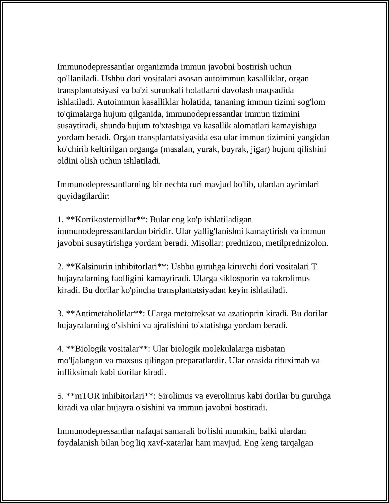 ALLERGIYAGA QARSHI. IMMUNODEP REESANTLAR VA IMMUNO MODULATOR. VITAMINLAR. GORMONOL DORI VOSITALAR 4
