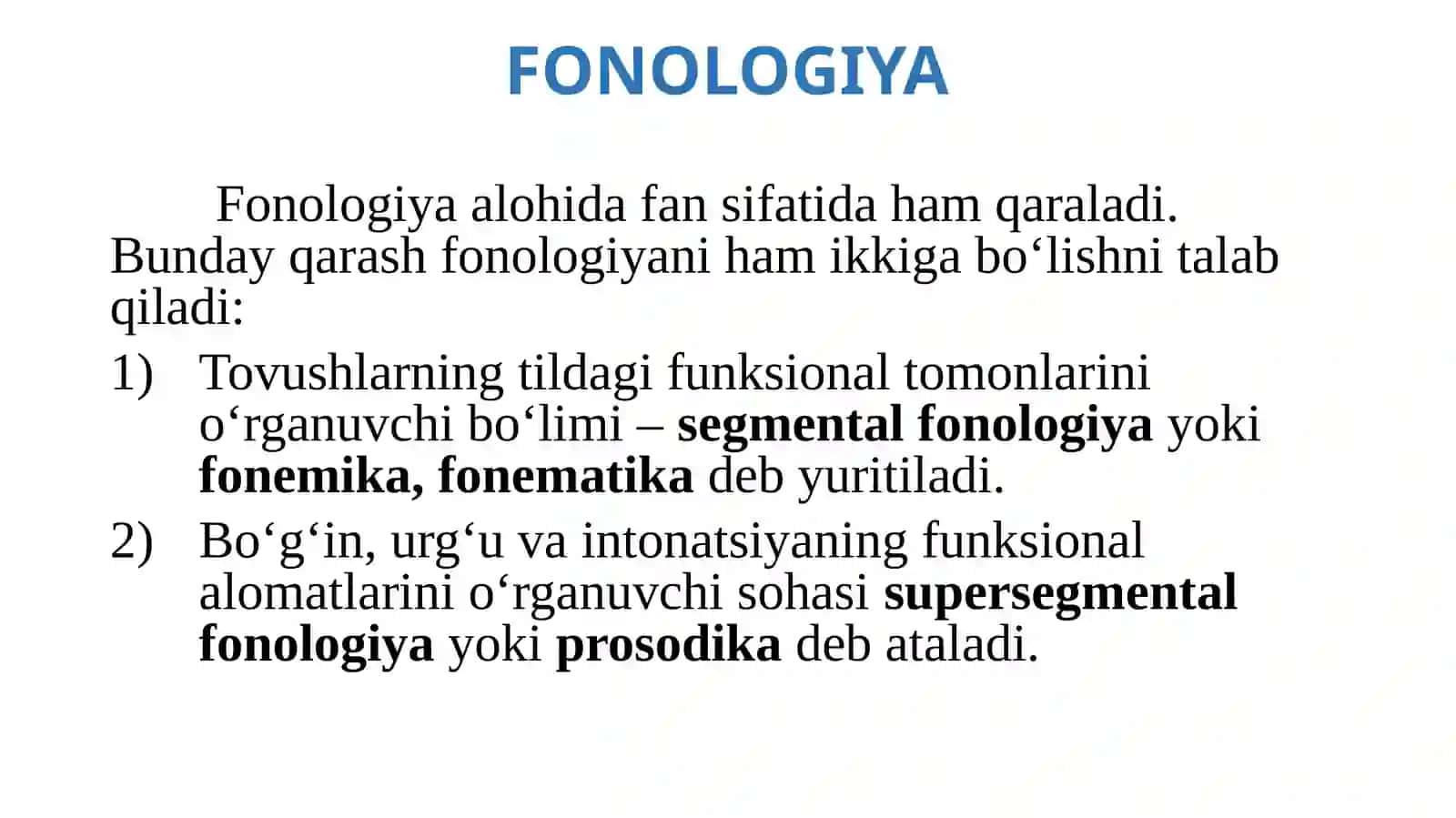 Nutqning fonetik bo‘linishi: fraza, takt, fonetik so‘z, bo‘g‘in, tovush. Urg‘u va uning turlari 4
