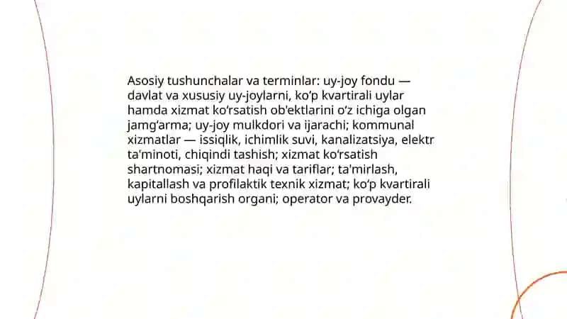 Oʻzbekiston Respublikasining uy-joy kommunal xoʻjaligi sohasini tartibga soluvchi asosiy qonun 4