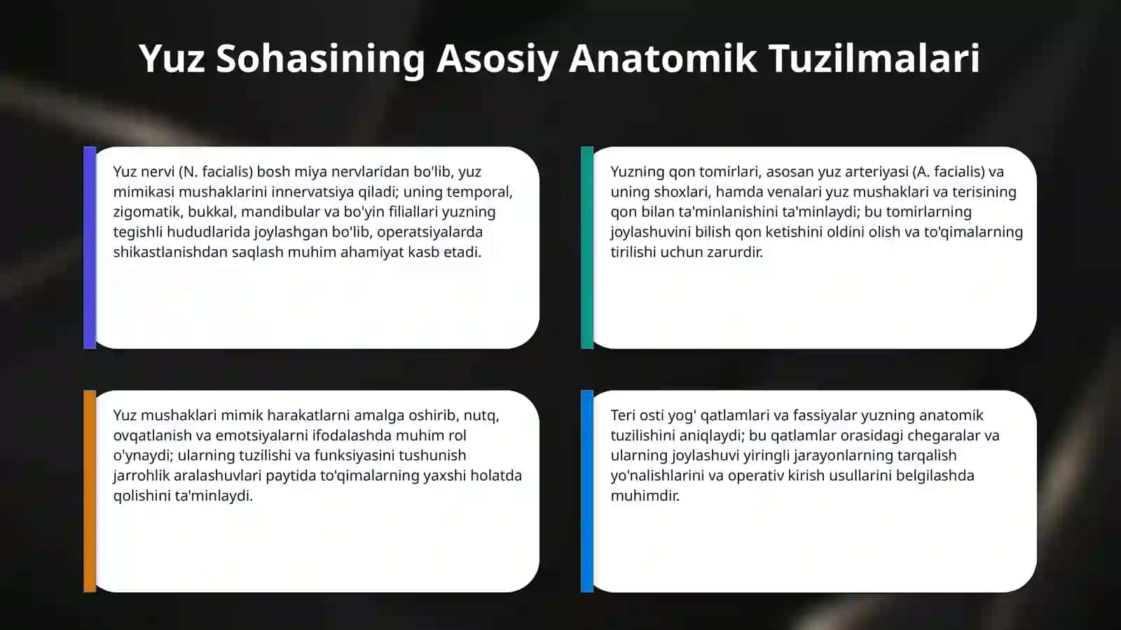 Boshning yuz qismi operativ xirurgiyasi.Yuz sohasi aʼzolariga operativ ochib kirish usullari. Yuz sohasidagi yiringli jarayonlarni ochish va drenajlash 4