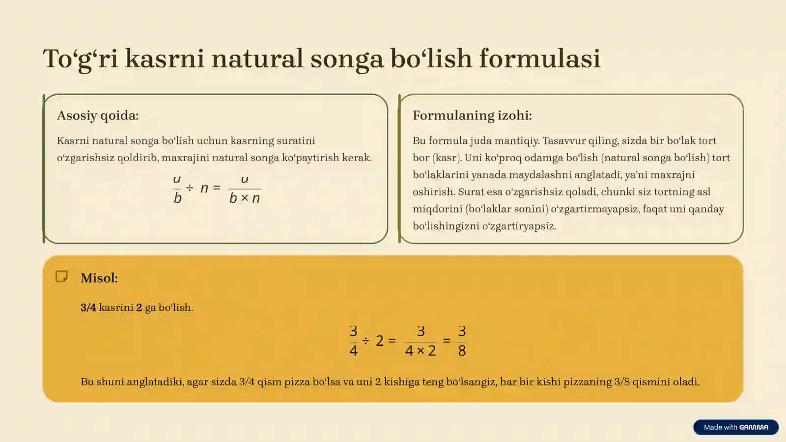 Toʻgʻri kasrni natural songa boʻlish: Asosiy tushunchalar va misollar 4