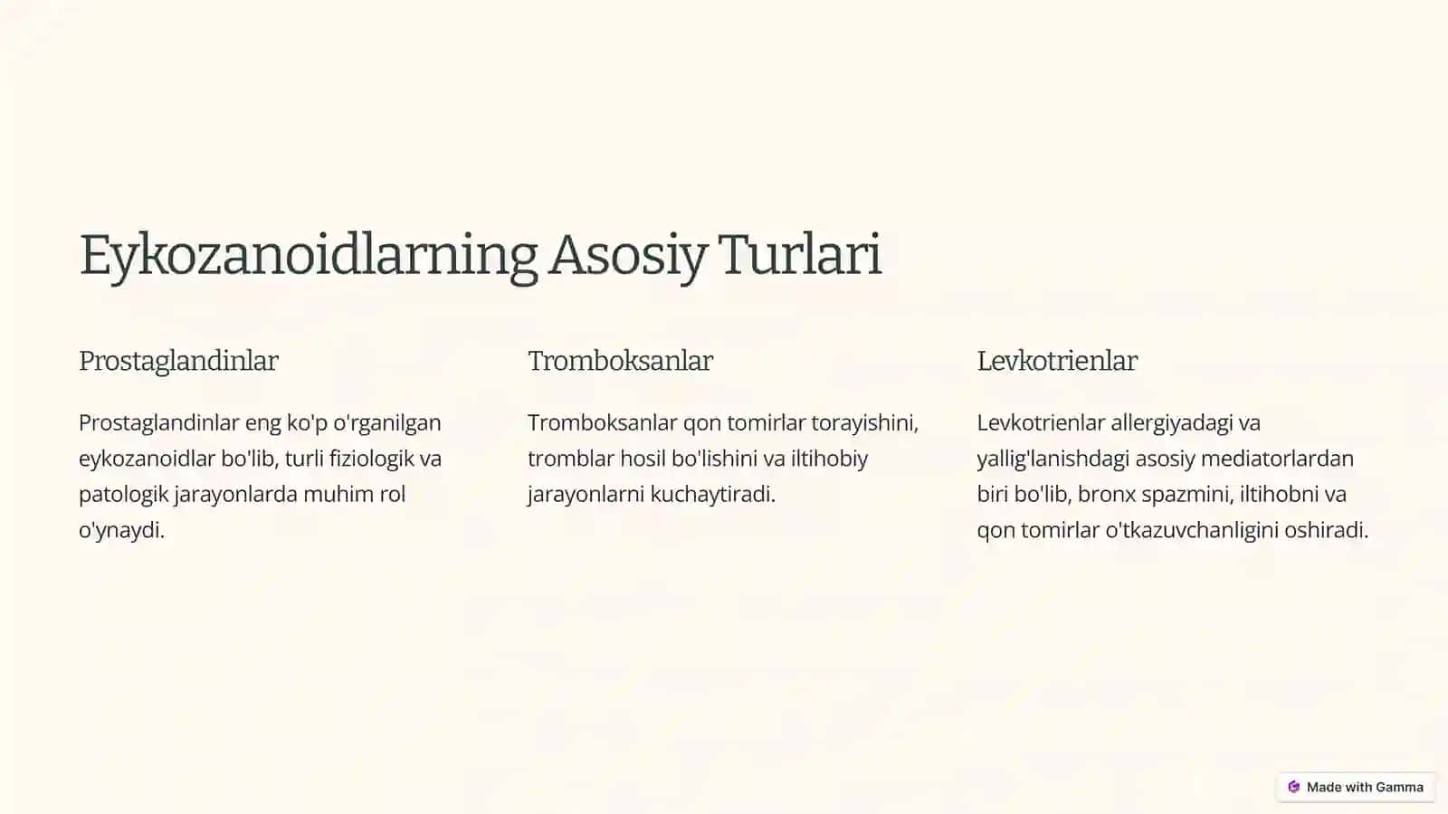 Eykozanoidlarhosil bo‘lish mexanizmi, turlari, ta‘siri 4