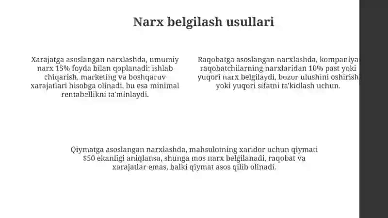 Talab va taklif qonuniga koʻra narx belgilash usullari 4