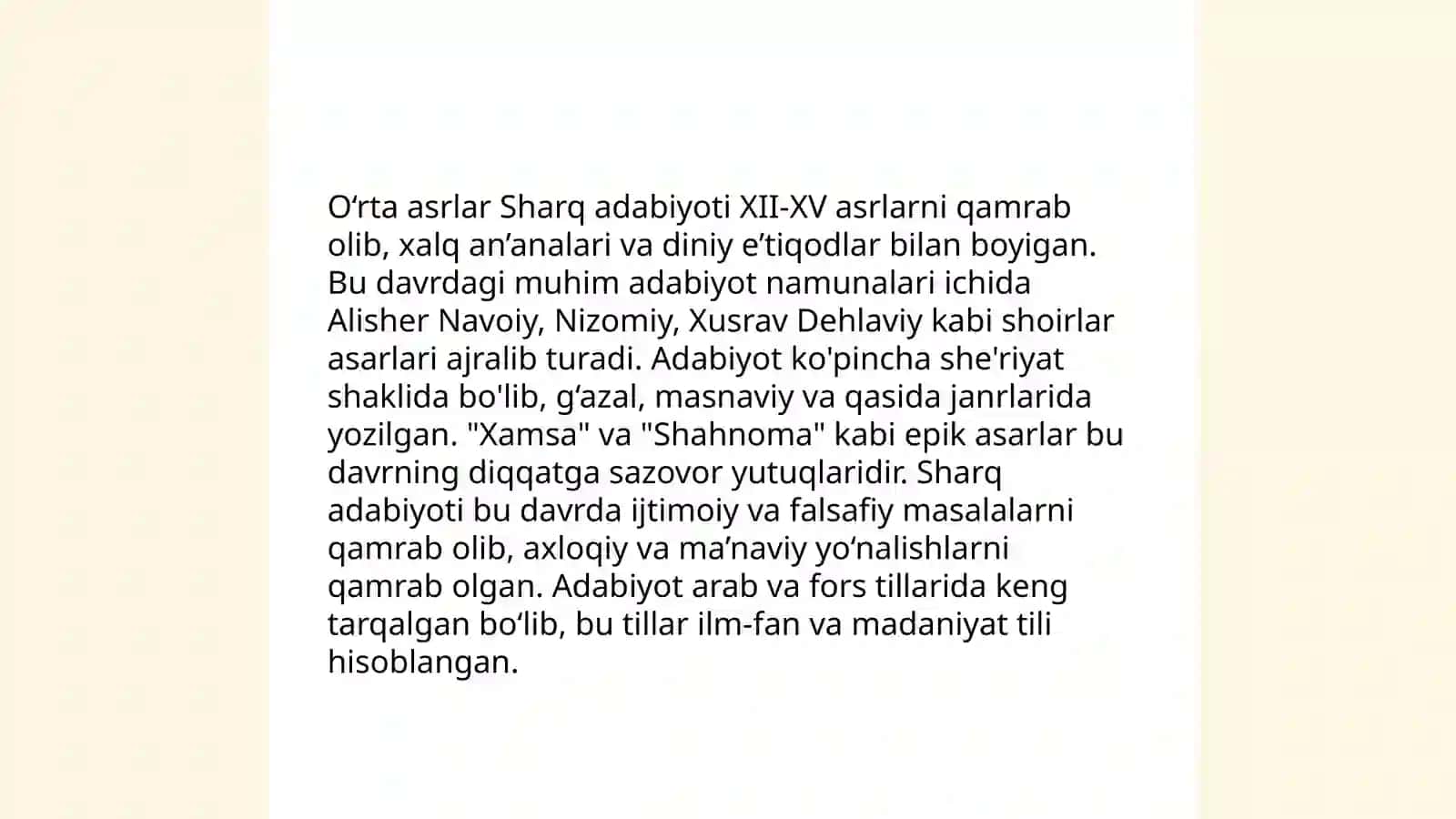 O'rta asrlar adabiyoti tushunchasi, uning Sharq va G'arb adabiyotida tutgan o'rnini o'rganish 4