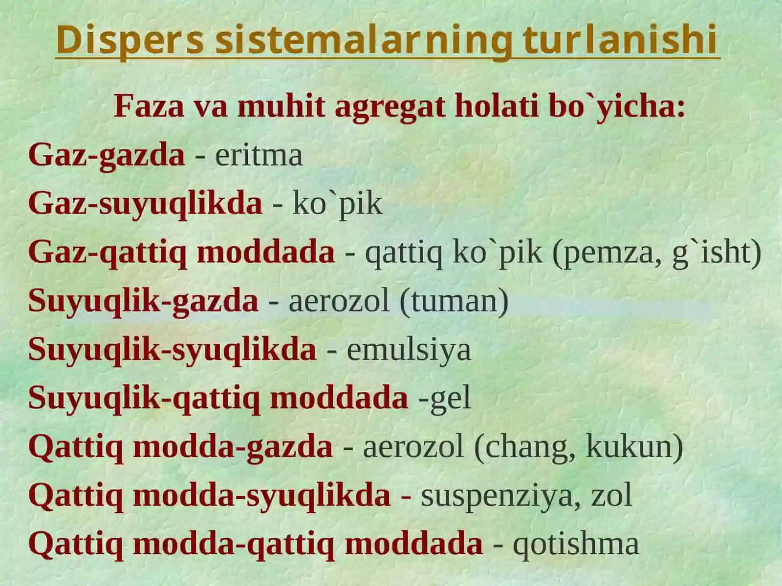DISPERS SISTEMALAR.KOLLOID DISPERS SISTEMALARNI OLINISHI VA HOSSALARI. KOLLOID DISPERS SISTEMALARNING BARQARORLIGI 4
