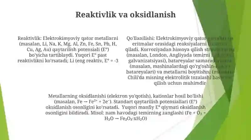 Metallarning standart elektrokimyoviypotensiyallariqatorivaqo'llash 4