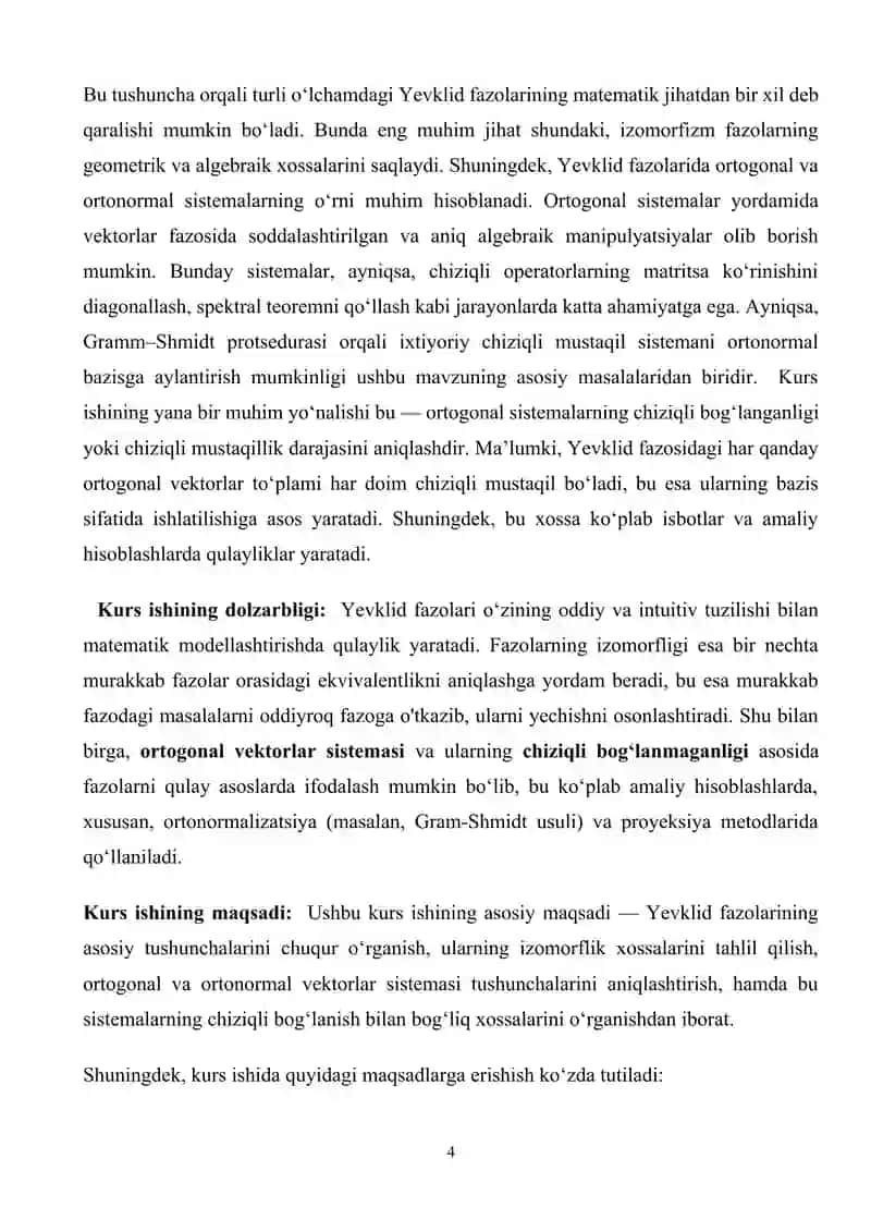 Yevklid fazolarining izomorfligi, ortogonal sistema va uning chiziqli bog’langanligi 4