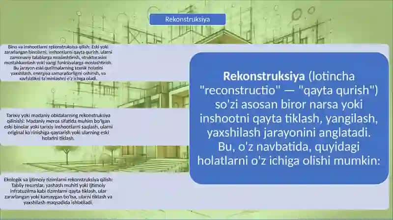 BINO VA INSHOATLAR REKONSTRUKTSIYASIDA LOYHAVIY YECHIMLARI. XUJJATLAR TARKIBI 4