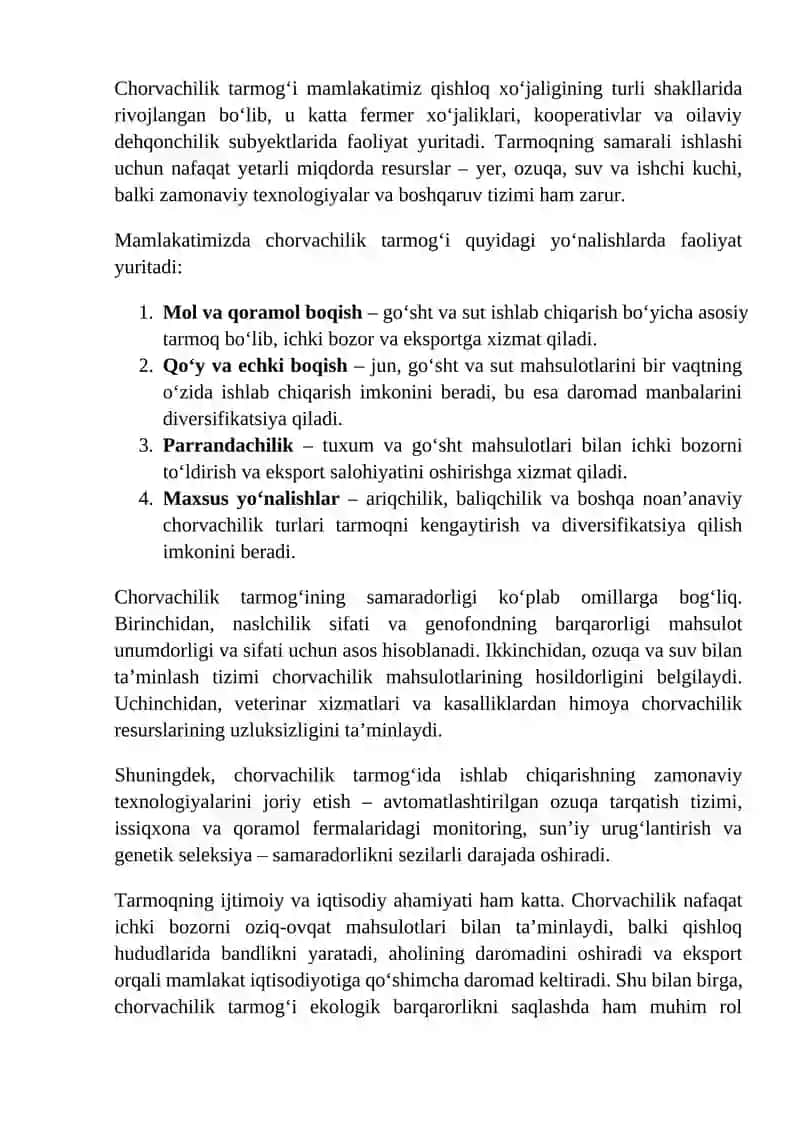 CHORVACHILIK TARMOG‘INING IQTISODIY SAMARADORLIGINI OSHIRISH 4