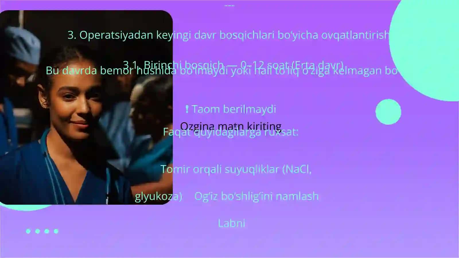 Operatsiyadan keyingi davrda bemorlarni ovqatlantirish chora -tadbirlari, ovqat taratish va ovqatlantirish usullari 4