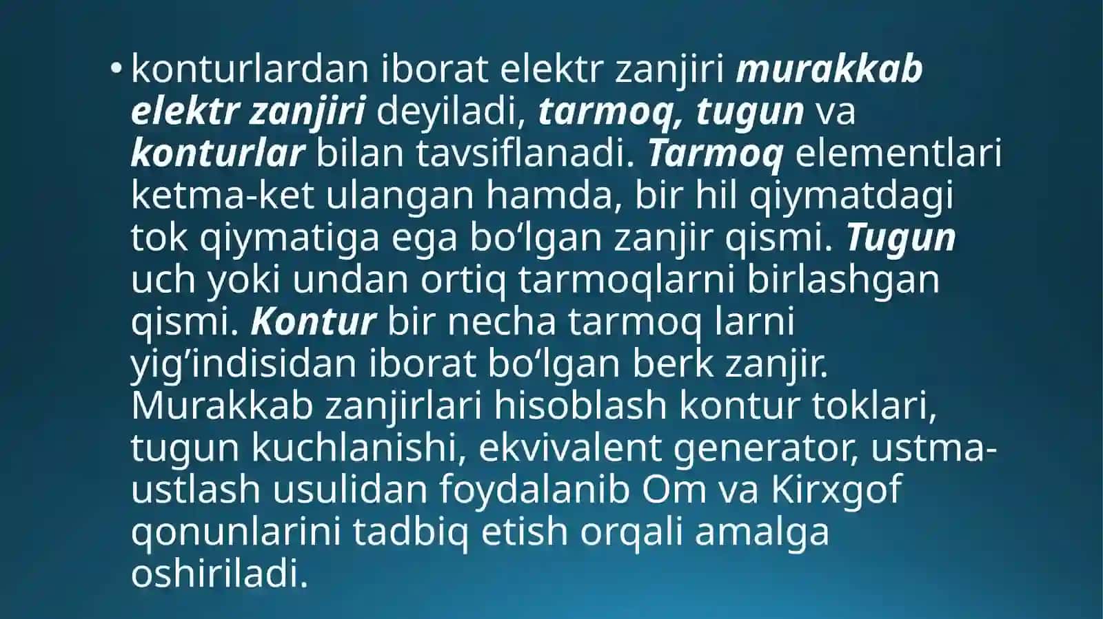 O‘ZGARMAS TO’K ELEKTR ZANJIRINI TEKSHIRISH. REZISTOR, INDUKTIV G’ALTAK VA KONDENSATOR ELEMENTLARI KETMA-KET ULANGAN BIR FAZALI SINUSOIDAL O‘ZGARUVCHAN TOK ZANJIRINI TEKSHIRISH. 4