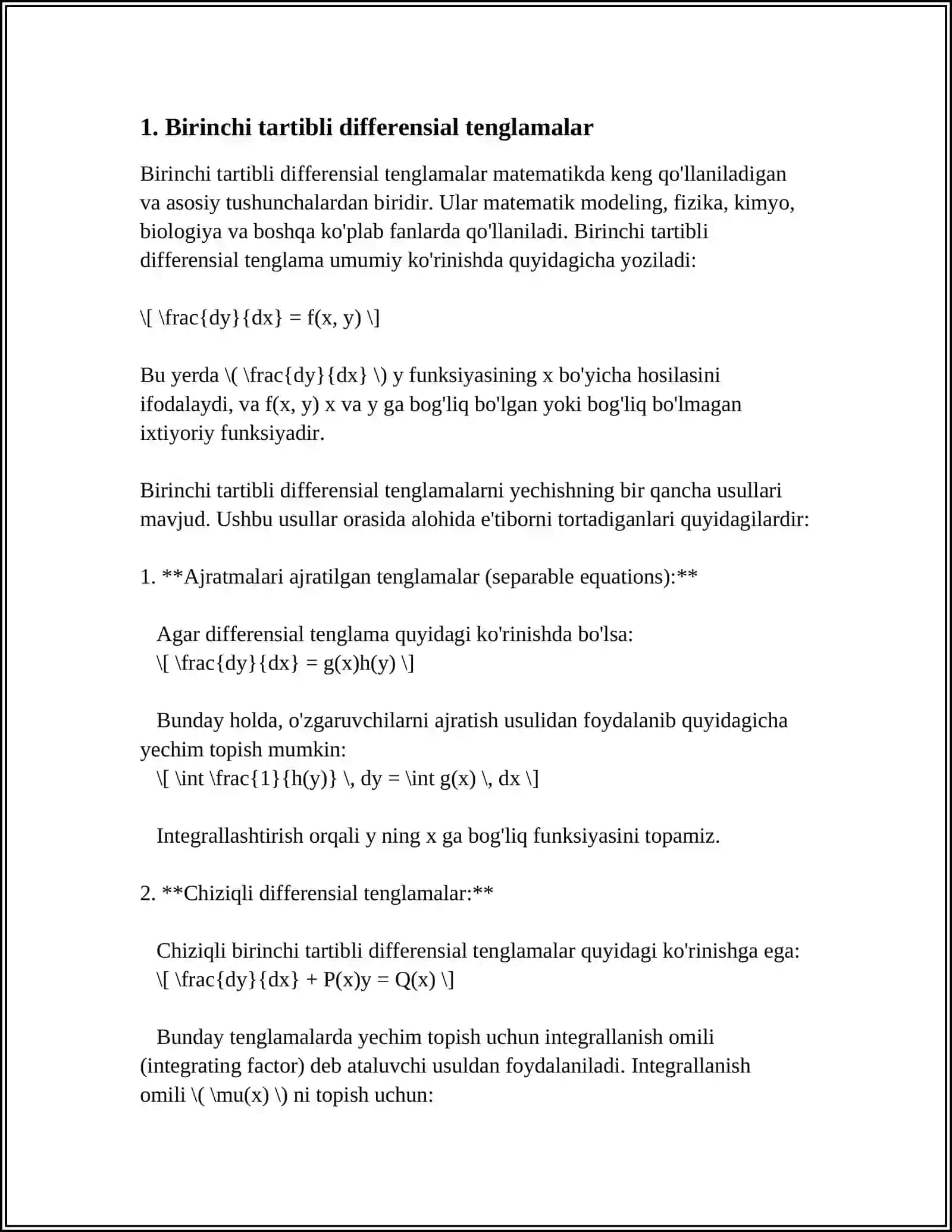 BIRINCHI TARTIBLI DIFFERENSIAL TENGLAMALAR VA UNING UMUMIY YECHIMLARI TUSHUNCHASI. KOSHI MASALASI. DIFFERENSIAL TENGLAMALAR ORQALI TAVSIFLANUVCHI BA'ZI BIR FIZIK JARAYONLAR 4