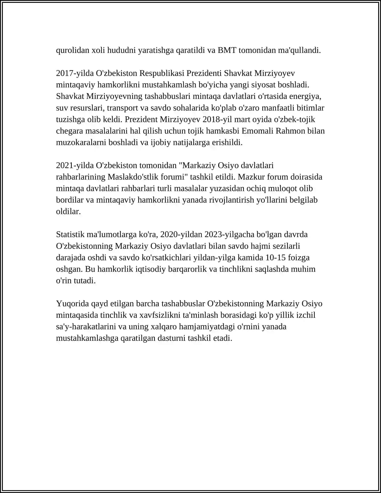 O'ZBEKISTONNING MARKAZIY OSIYODA TINCHLIK VA BARQARORLIKNI TA'MINLASHDAGI O'RNI 4