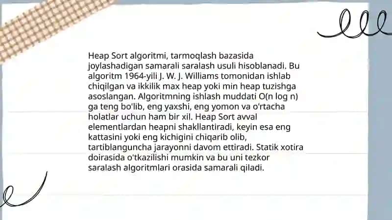 Asosiy saralash algoritmlarini amalga oshirish. Heap Sort haqida. 4